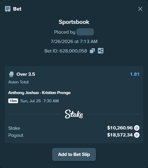 Bet slip: Anthony Joshua - Kristian Prenga, $10,029.18 stake at 1.81 odds, placed by Prettylfacko98