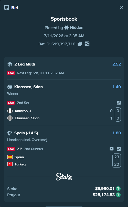 Bet slip: Anthrop, J - Klaassen, Stian, $10,000.00 stake at 1.40 odds, placed by Hidden
