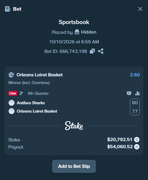 Bet slip: Antibes Sharks - Orleans Loiret Basket, $20,794.66 stake at 2.60 odds, placed by Prettylfacko98