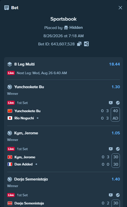 Bet slip: Antigua And Barbuda Falcons - Barbados Tridents, $10,000.00 stake at 1.60 odds, placed by Hidden