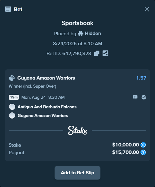 Bet slip: Antigua And Barbuda Falcons - Guyana Amazon Warriors, $10,000.00 stake at 1.57 odds, placed by Hidden