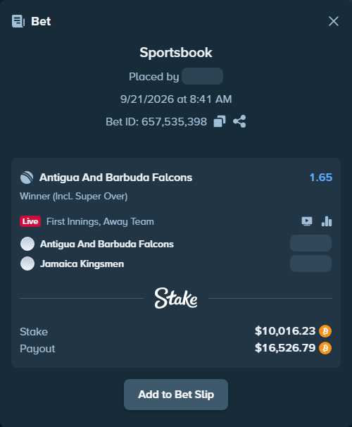 Bet slip: Antigua And Barbuda Falcons - Jamaica Kingsmen, $10,093.87 stake at 1.65 odds, placed by sunilreddy517