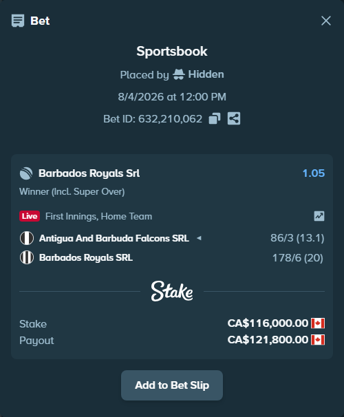 Bet slip: Antigua And Barbuda Falcons SRL - Barbados Royals SRL, $85,840.00 stake at 1.05 odds, placed by Hidden