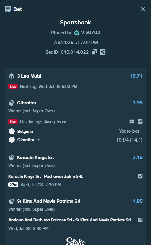 Bet slip: Antigua And Barbuda Falcons SRL - St Kitts And Nevis Patriots SRL, $10,288.65 stake at 1.85 odds, placed by Viti0702