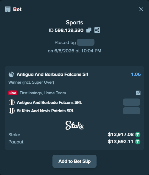 Bet slip: Antigua And Barbuda Falcons SRL - St Kitts And Nevis Patriots SRL, $12,930.00 stake at 1.06 odds, placed by DoGGoU