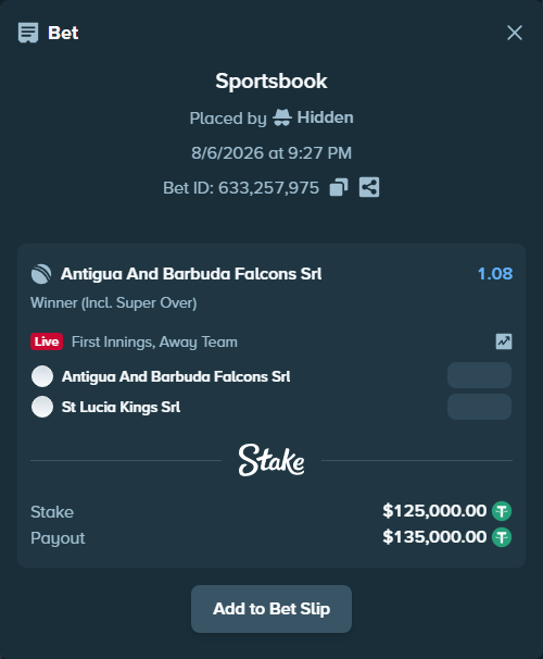 Bet slip: Antigua And Barbuda Falcons SRL - St Lucia Kings SRL, $125,125.00 stake at 1.08 odds, placed by Hidden