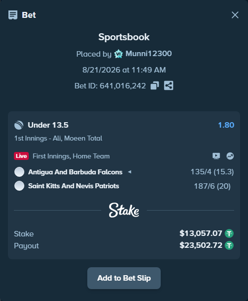 Bet slip: Antigua And Barbuda Falcons - St. Kitts and Nevis Patriots, $13,057.07 stake at 1.80 odds, placed by Munni12300