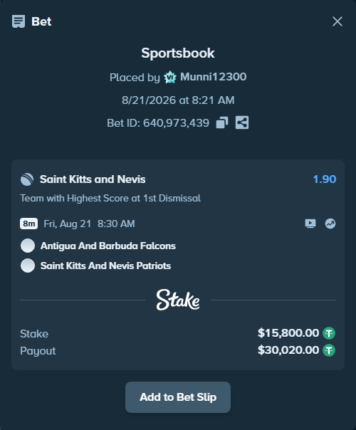 Bet slip: Antigua And Barbuda Falcons - St. Kitts and Nevis Patriots, $15,800.00 stake at 1.90 odds, placed by Munni12300