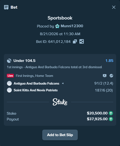 Bet slip: Antigua And Barbuda Falcons - St. Kitts and Nevis Patriots, $20,500.00 stake at 1.85 odds, placed by Munni12300