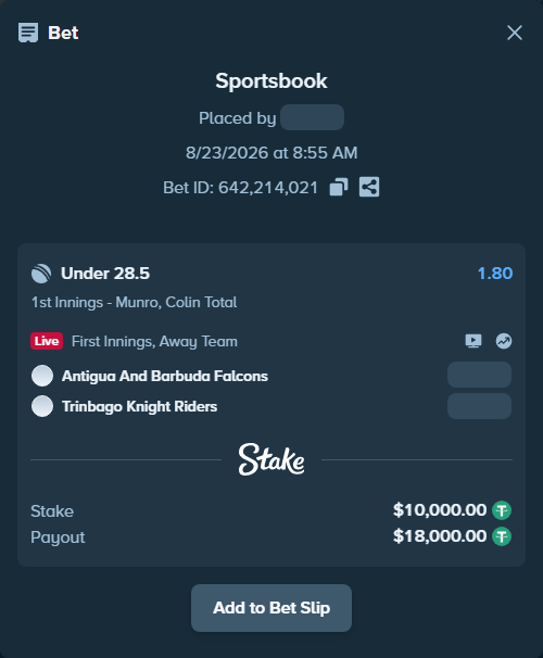 Bet slip: Antigua And Barbuda Falcons - Trinbago Knight Riders, $10,000.00 stake at 1.80 odds, placed by Munni12300