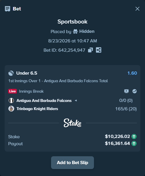 Bet slip: Antigua And Barbuda Falcons - Trinbago Knight Riders, $10,225.00 stake at 1.60 odds, placed by Munni12300