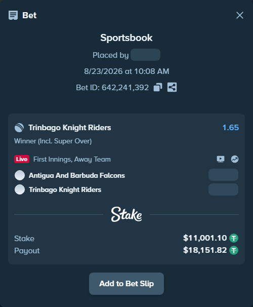Bet slip: Antigua And Barbuda Falcons - Trinbago Knight Riders, $11,000.00 stake at 1.65 odds, placed by Munni12300