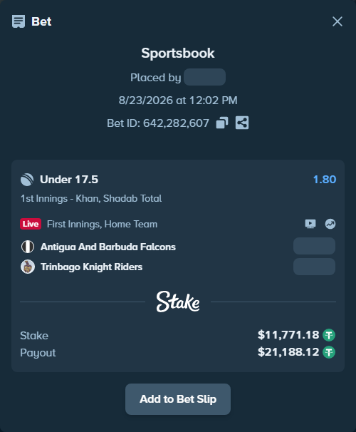Bet slip: Antigua And Barbuda Falcons - Trinbago Knight Riders, $11,770.00 stake at 1.80 odds, placed by Munni12300