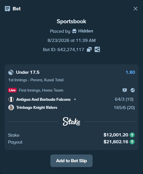 Bet slip: Antigua And Barbuda Falcons - Trinbago Knight Riders, $12,000.00 stake at 1.80 odds, placed by Munni12300