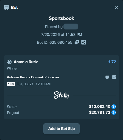Bet slip: Antonia Ruzic - Dominika Salkova, $12,082.40 stake at 1.72 odds, placed by Pastrrr
