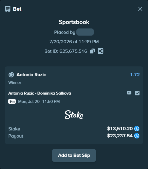 Bet slip: Antonia Ruzic - Dominika Salkova, $13,510.20 stake at 1.72 odds, placed by Bituume