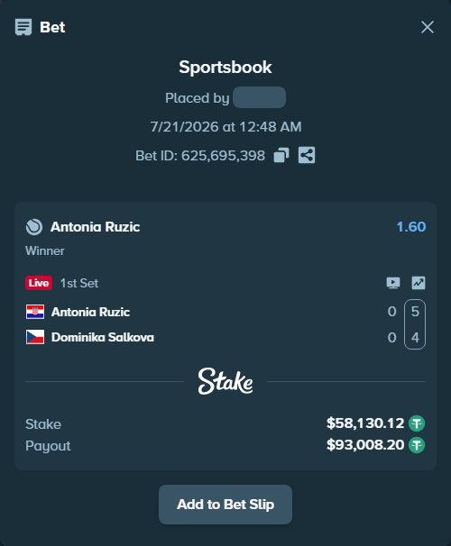 Bet slip: Antonia Ruzic - Dominika Salkova, $58,188.25 stake at 1.60 odds, placed by Atte90