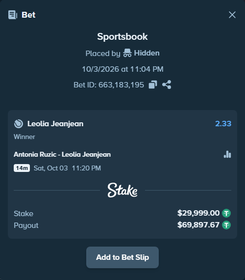 Bet slip: Antonia Ruzic - Leolia Jeanjean, $29,999.00 stake at 2.33 odds, placed by Hidden