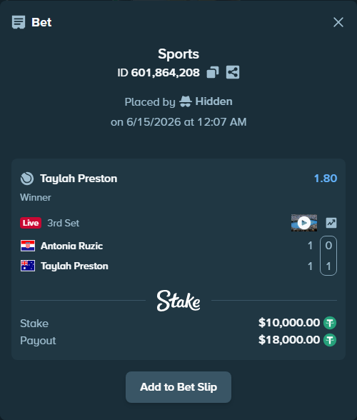 Bet slip: Antonia Ruzic - Taylah Preston, $10,010.00 stake at 1.80 odds, placed by Hidden