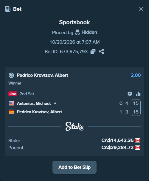 Bet slip: Antonius, Michael - Pedrico Kravtsov, Albert, $10,835.35 stake at 2.00 odds, placed by Hidden