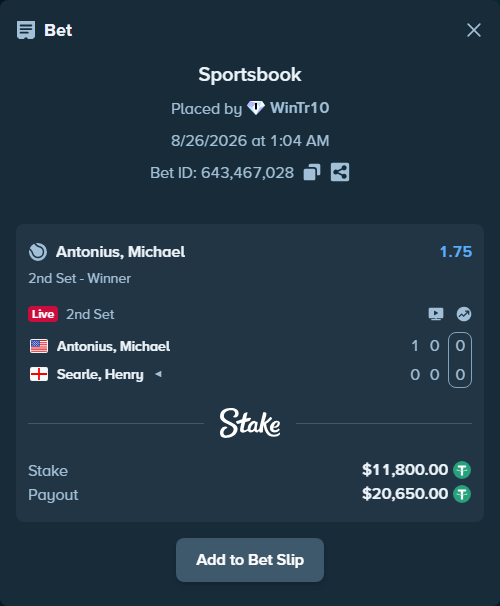 Bet slip: Antonius, Michael - Searle, Henry, $11,800.00 stake at 1.75 odds, placed by WinTr10