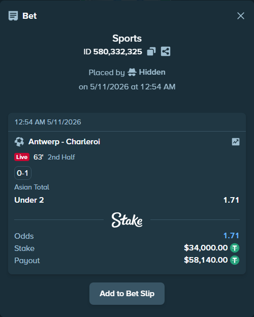 Bet slip: Antwerp - Charleroi, $34,000.00 stake at 1.71 odds, placed by Hidden