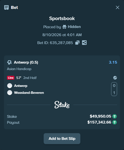 Bet slip: Antwerp - SK Beveren, $50,000.00 stake at 3.15 odds, placed by Hidden