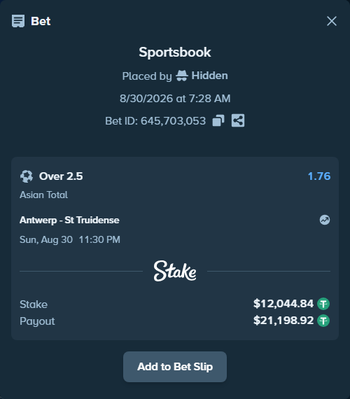 Bet slip: Antwerp - St Truidense, $12,044.84 stake at 1.76 odds, placed by Hidden