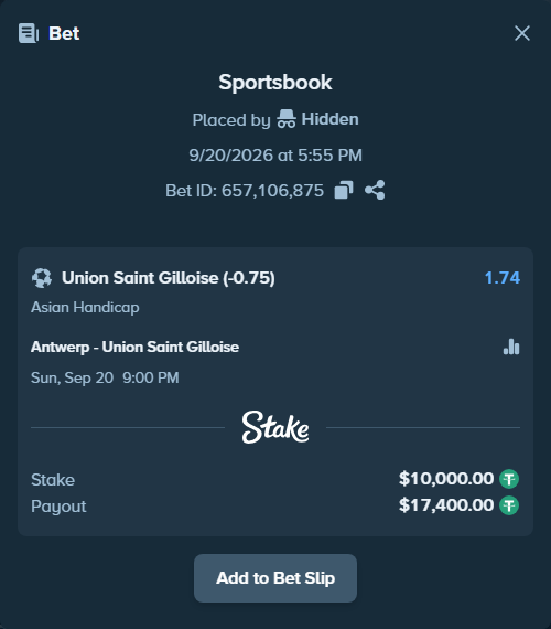 Bet slip: Antwerp - Union Saint Gilloise, $10,000.00 stake at 1.74 odds, placed by Hidden