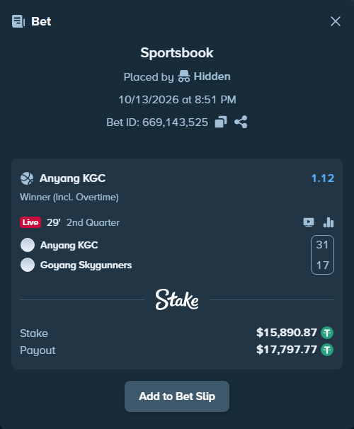 Bet slip: Anyang Jungkwanjang Red Boosters - Goyang Skygunners, $15,906.76 stake at 1.12 odds, placed by 노정환