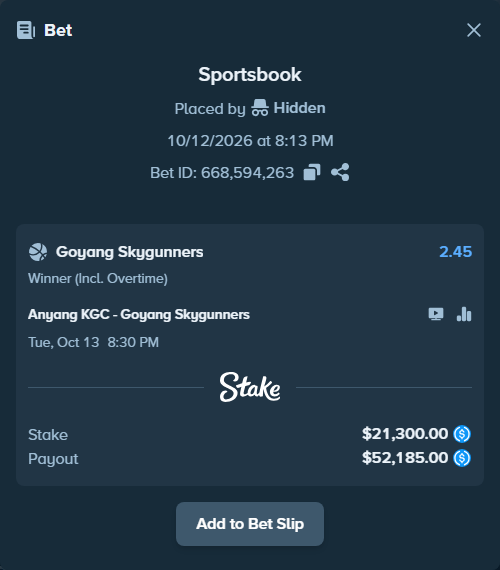 Bet slip: Anyang Jungkwanjang Red Boosters - Goyang Skygunners, $21,300.00 stake at 2.45 odds, placed by Hidden