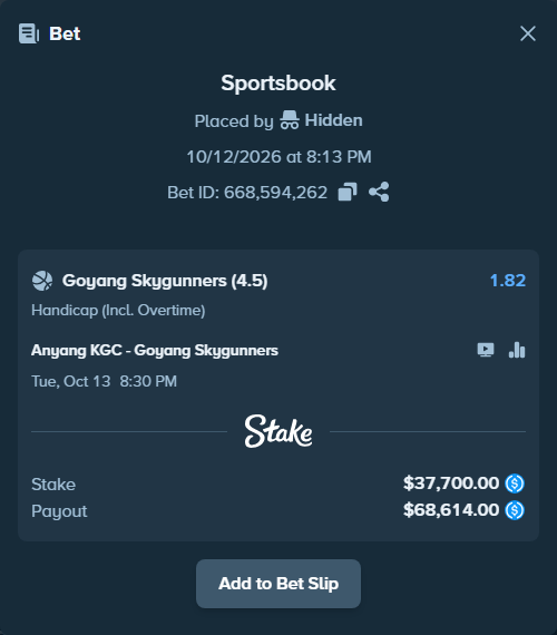 Bet slip: Anyang Jungkwanjang Red Boosters - Goyang Skygunners, $37,700.00 stake at 1.82 odds, placed by Hidden