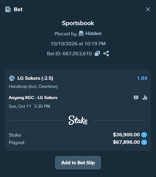 Bet slip: Anyang Jungkwanjang Red Boosters - LG Sakers, $36,900.00 stake at 1.84 odds, placed by Hidden