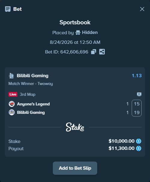 Bet slip: Anyone's Legend - Bilibili Gaming, $10,000.00 stake at 1.13 odds, placed by Hidden