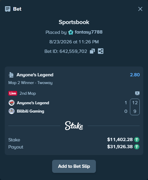 Bet slip: Anyone's Legend - Bilibili Gaming, $11,400.00 stake at 2.80 odds, placed by fantasy7788