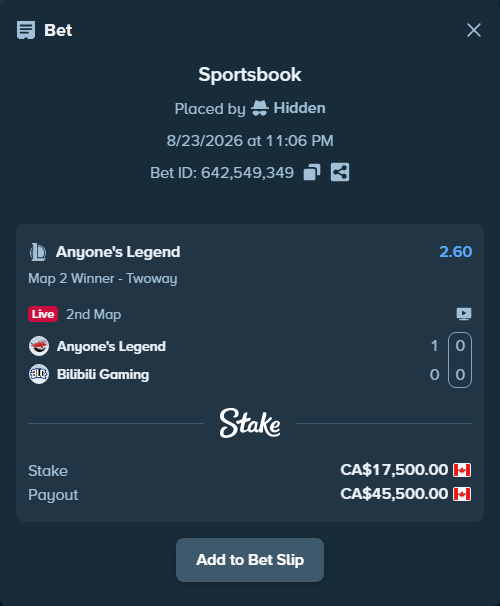 Bet slip: Anyone's Legend - Bilibili Gaming, $12,950.00 stake at 2.60 odds, placed by Hidden