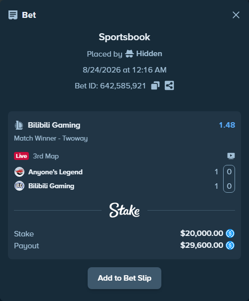 Bet slip: Anyone's Legend - Bilibili Gaming, $20,000.00 stake at 1.48 odds, placed by Hidden