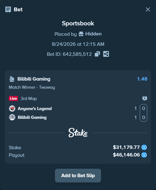 Bet slip: Anyone's Legend - Bilibili Gaming, $31,179.77 stake at 1.48 odds, placed by Hidden