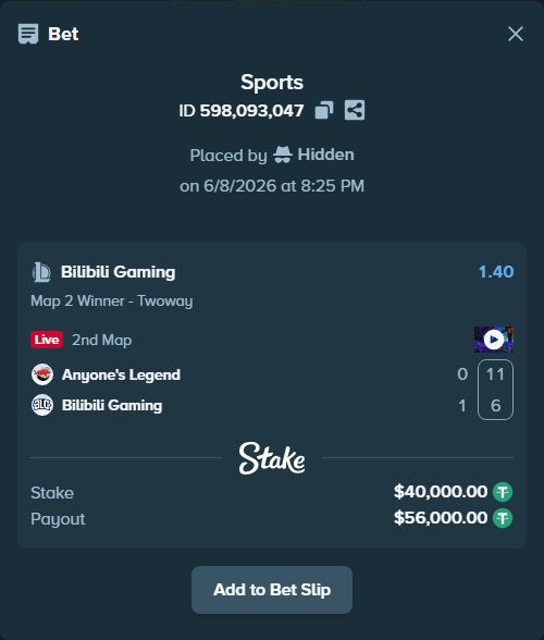 Bet slip: Anyone's Legend - Bilibili Gaming, $40,040.00 stake at 1.40 odds, placed by Hidden