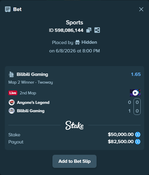 Bet slip: Anyone's Legend - Bilibili Gaming, $50,000.00 stake at 1.65 odds, placed by Hidden