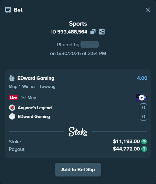 Bet slip: Anyone's Legend - EDward Gaming, $11,204.19 stake at 4.00 odds, placed by Mwillalwayswin