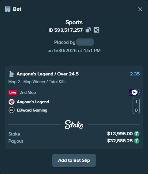 Bet slip: Anyone's Legend - EDward Gaming, $14,009.00 stake at 2.35 odds, placed by Mwillalwayswin