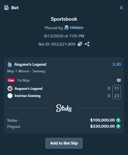 Bet slip: Anyone's Legend - Invictus Gaming, $100,000.00 stake at 3.30 odds, placed by Hidden