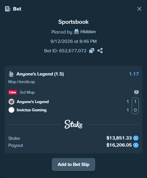 Bet slip: Anyone's Legend - Invictus Gaming, $13,851.33 stake at 1.17 odds, placed by Hidden