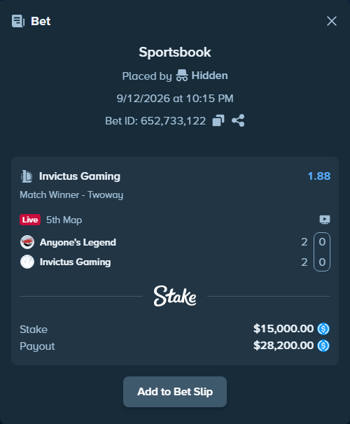 Bet slip: Anyone's Legend - Invictus Gaming, $15,000.00 stake at 1.88 odds, placed by Hidden