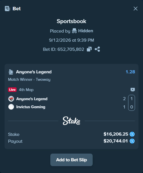 Bet slip: Anyone's Legend - Invictus Gaming, $16,206.25 stake at 1.28 odds, placed by Hidden