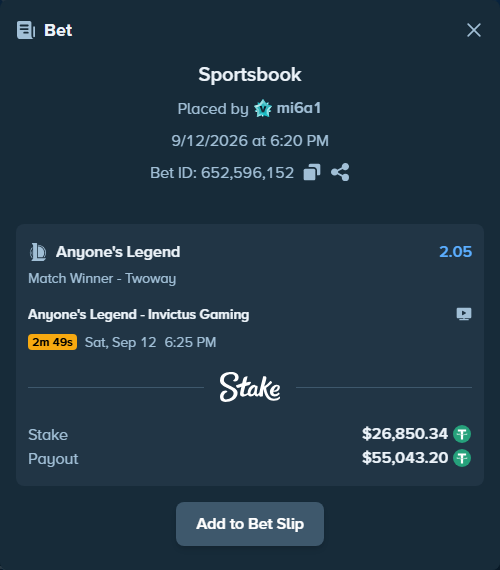 Bet slip: Anyone's Legend - Invictus Gaming, $26,850.34 stake at 2.05 odds, placed by mi6a1