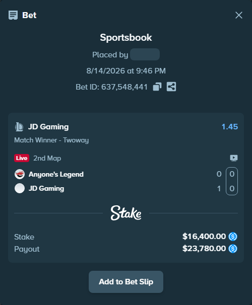 Bet slip: Anyone's Legend - JD Gaming, $16,400.00 stake at 1.45 odds, placed by Andremila