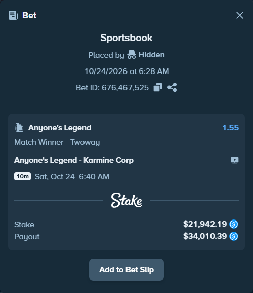 Bet slip: Anyone's Legend - Karmine Corp, $21,942.19 stake at 1.55 odds, placed by dumanskyi