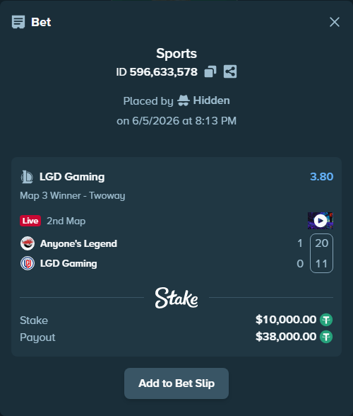 Bet slip: Anyone's Legend - LGD Gaming, $10,010.00 stake at 3.80 odds, placed by Hidden